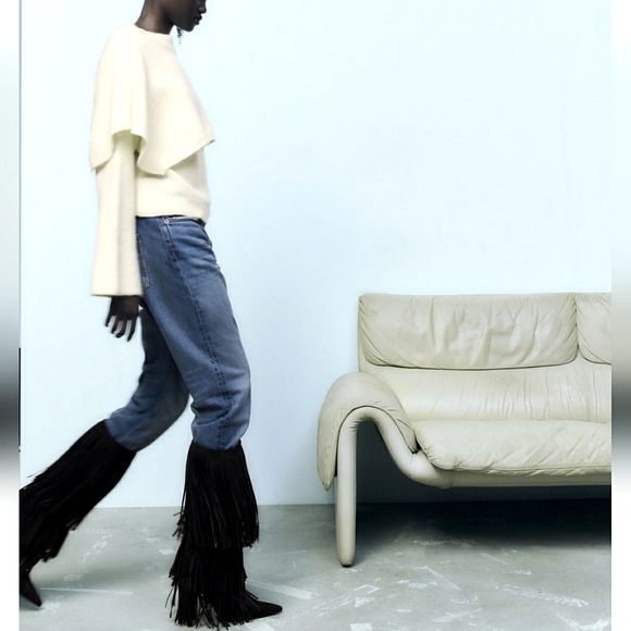 Zara FRINGED HEELED LEATHER KNEE HIGH BOOTS bloggers favorite - Picture 7 of 12